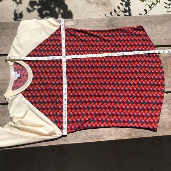 LuLaRoe Randy Baseball Tee Top Basketweave Burgundy Cream Gold‎ Teal Large - Picture 5 of 6